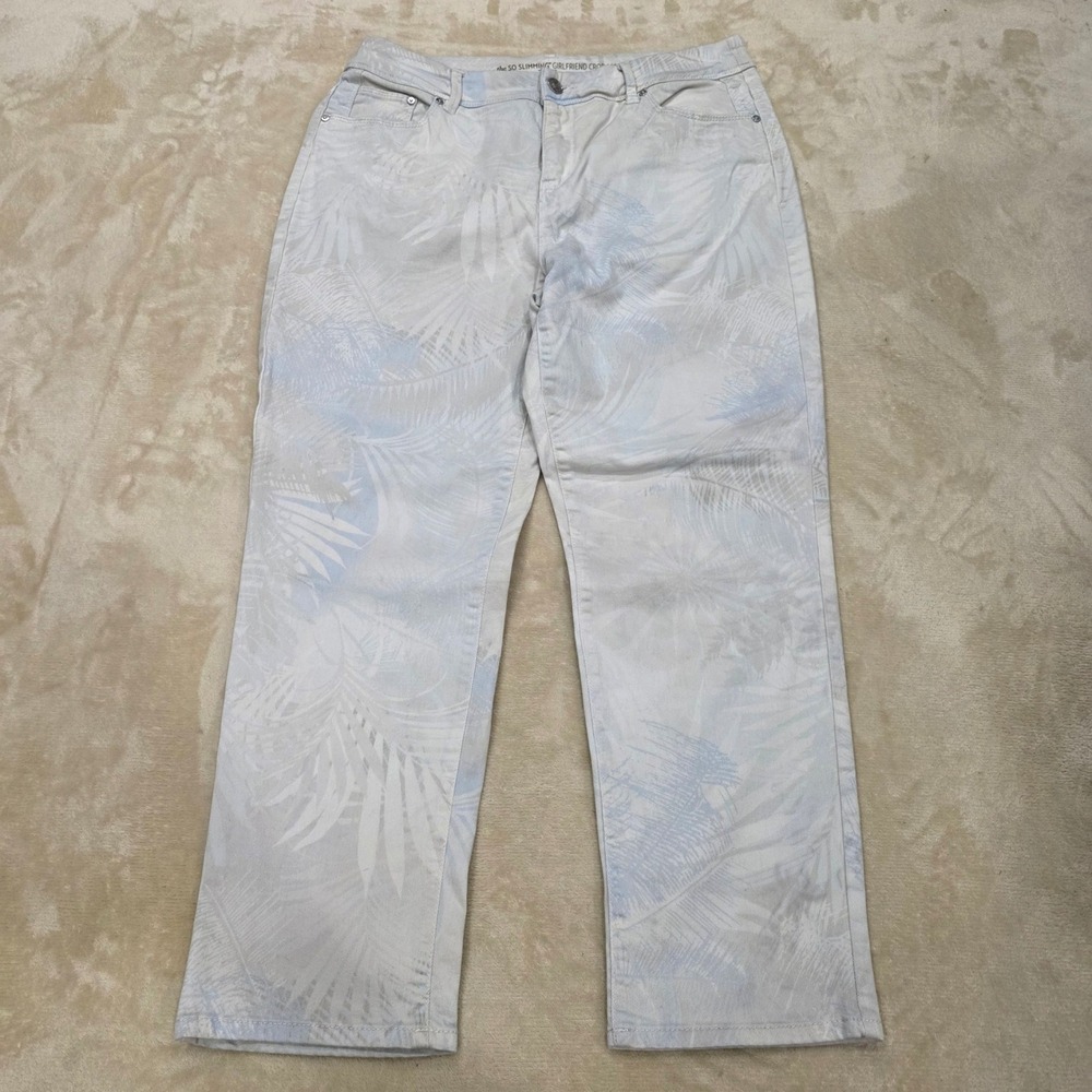 Chicos So Slimming Girlfriend Crop Jeans 1.5 US 12 M Blue White Palm Leaf Leaf